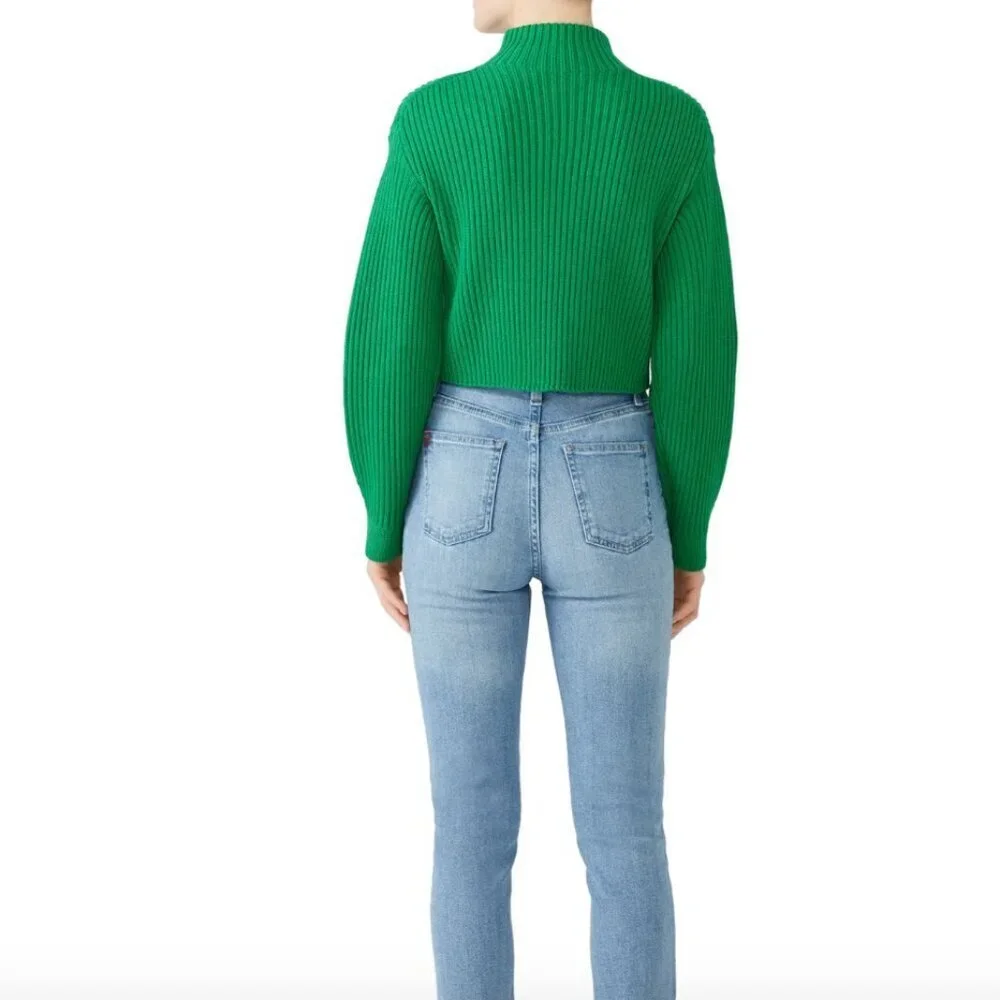 TIBI Sweater Green Wool Rib Cropped Pullover Mock Turtleneck XS